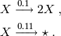 X & \xrightarrow{0.1} 2 X \; , \\
X & \xrightarrow{0.11} \star \; . \\