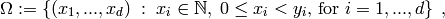 \Omega := \left\{ (x_1, ..., x_d) \; : \;
\textrm{$x_i \in \mathbb{N}, \; 0 \leq x_i < y_i$,
for $i = 1, ..., d$}
\right\} \; ,